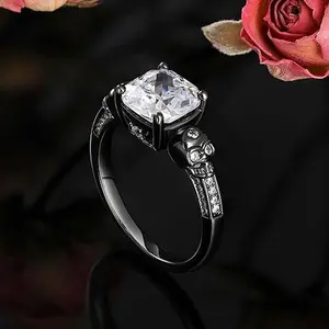 Jeulia 3.9ct Skull Engagement Ring Sterling Silver Cushion Cut Gothic Ring Cubic Zirconia Black Band Wedding Promise Anniversary Romantic Jewelry for Women Men with Jewelry Gift Box