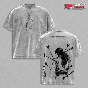 Thorfinn "I Have No Enemies" Vintage Washed Oversized T-Shirt, Vinland Saga Anime Graphic Tee, Unisex Streetwear Soft Cotton Top Outfit for Men, Casual Menswear Gift for Anime Fans