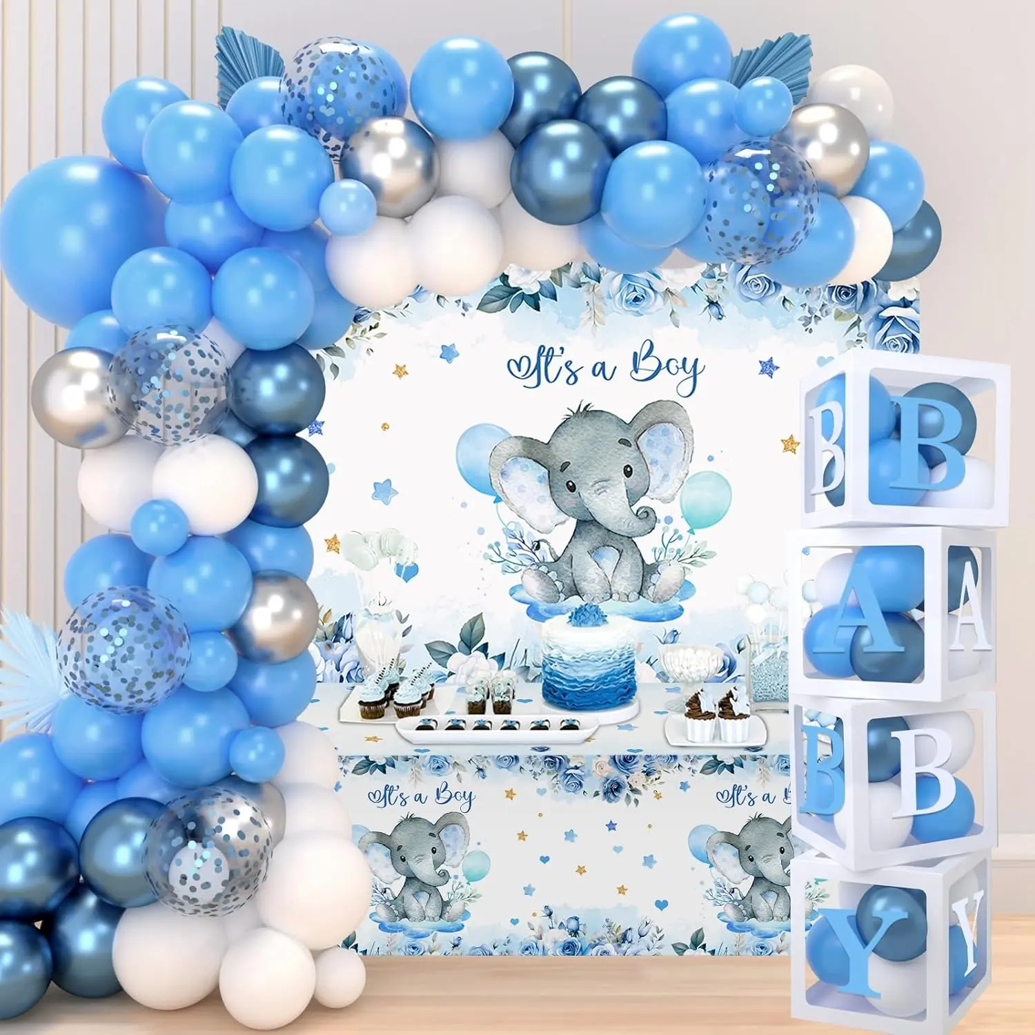 Blue Boy Elephant Baby Shower Decoration Kit - Male-Focused Balloon Garland, Boxes, It's a Boy Backdrop, Tablecloth for Elephant Theme Party Supplies, Gifts