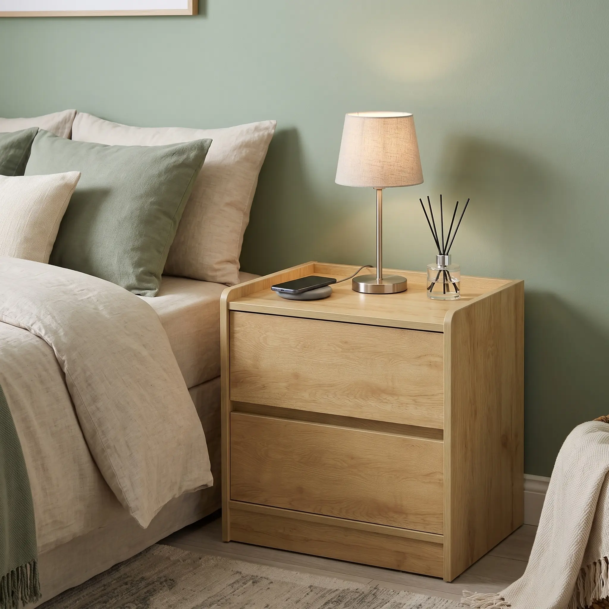 Natural Wood Grain Double-Drawer Nightstand for Homeowners - Sleek Handle-less Design & Secure Top Raised Edge, Bedroom Storage Furniture, Tiered Organization & Safe Rounded Corners for Bedside Essentials