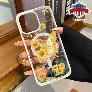 Sunflower Butterfly Pattern Magnetic Phone Case Supports Wireless Charging for iPhone 15 16 14 Pro Max 13 12 11 XR XS Plus E Shockproof Non Slip Protection Silicone Transparent Acrylic Cover Cellphone Protective