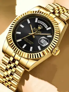 Luxury Business Men's Watch, Round Dial, Waterproof Calendar Display, Butterfly Buckle Stainless Steel Strap, Fashionable All-Seasons Watch, Waterproof Wrist Watch