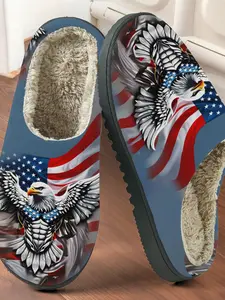 American Eagle Flag Element Printed Cotton Slippers, Retro Style, Fuzzy Lining, Non-Slip Thick Sole, Home Use, Men & Women, Fall & Winter