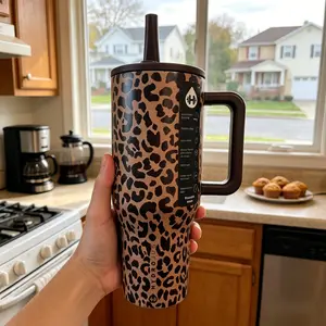 HydroJug 40oz Classic Brown Leopard Print Handle Tumbler - American Retro Baddie Style, Large Capacity Leak-Proof Insulated Cup for Car, Commute & Fitness