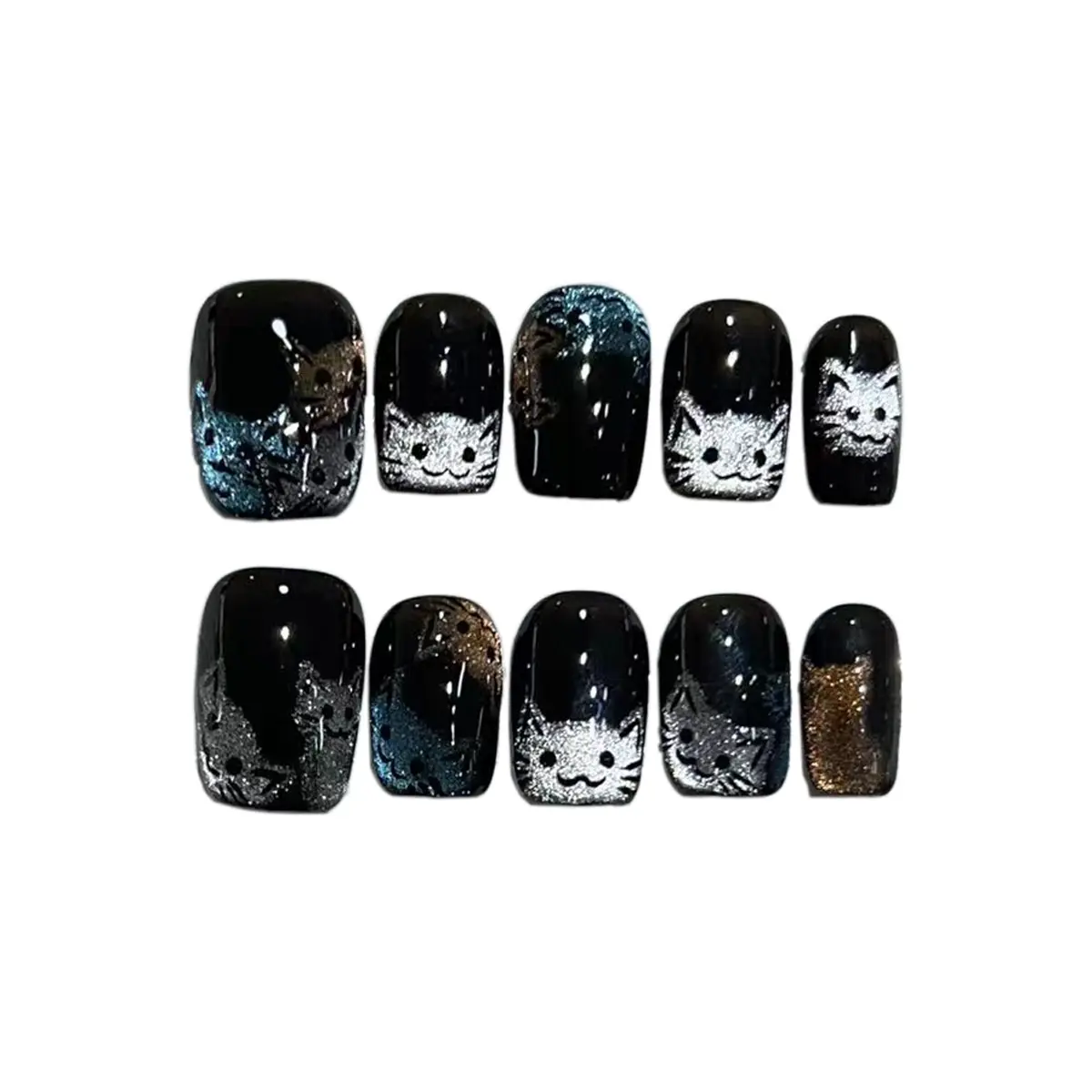 Cute Cat-Patterned Black Square Press On Nails With Glitter Accents, 10PCS Handmade Reusable Acrylic Fake Nails For Feline Charm, Acrylic Nails