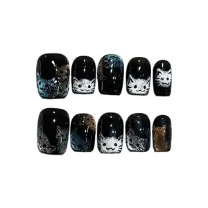 Cute Cat-Patterned Black Square Press On Nails With Glitter Accents, 10PCS Handmade Reusable Acrylic Fake Nails For Feline Charm