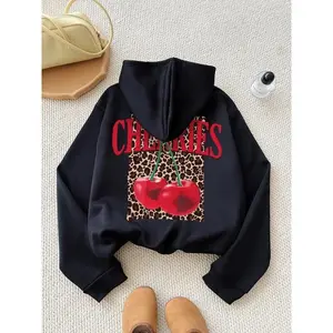 Women'sCherry&Letter&LeopardPrintDrawstringPocketThermalLinedHoodie,DrawstringGraphicHoodie,CasualLongSleeveHoodedSweatshirtforFall&Winter,Women'sClothesforDailyWear