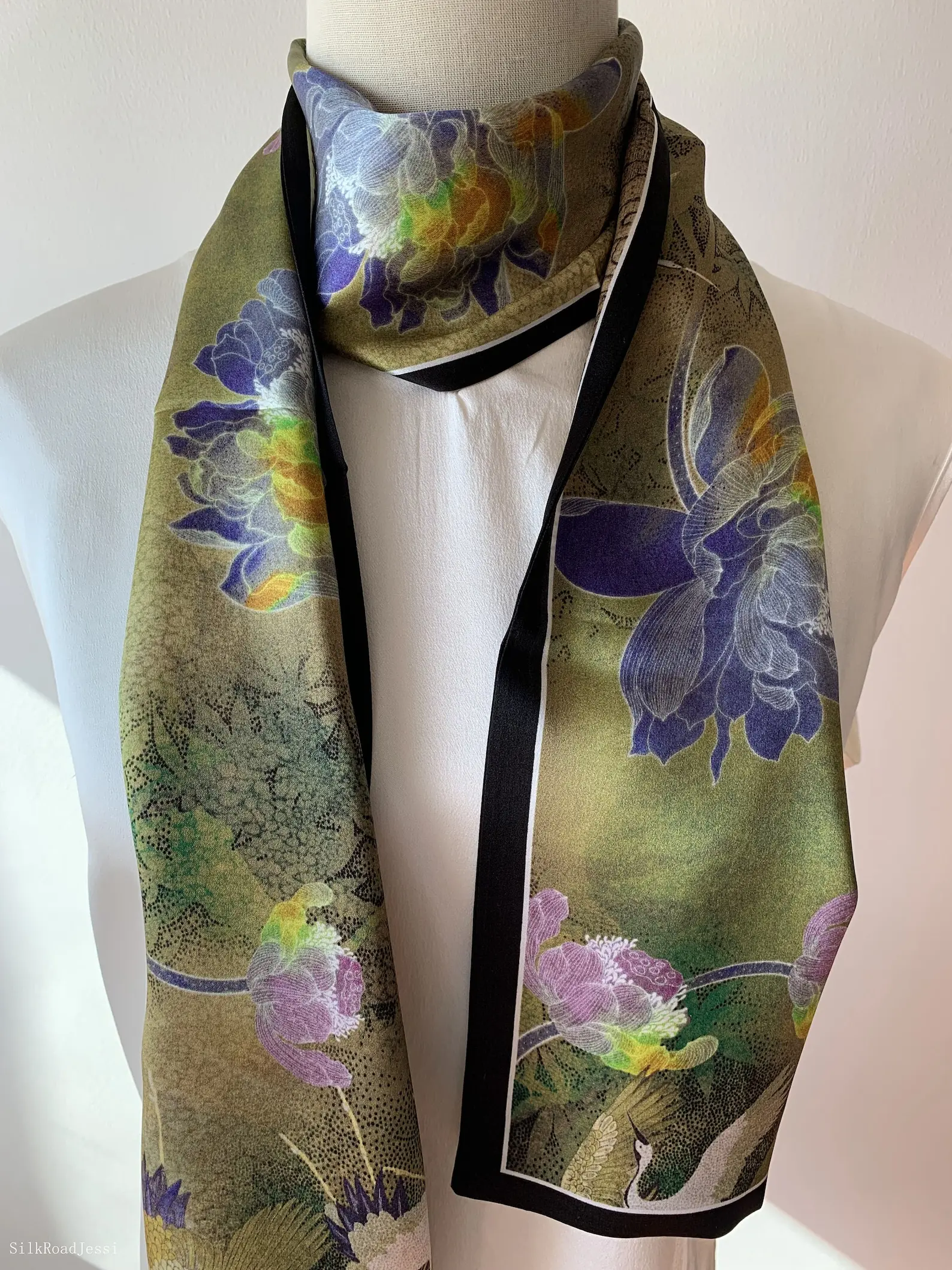 Mulberry Silk Scarf: Purple Peonies & Cranes Oriental Art - 59"x6.6" Necktie