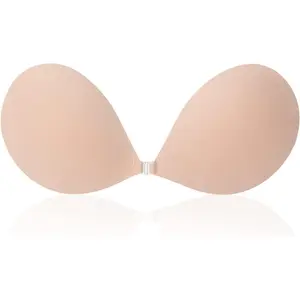 Women's Strapless V-Shape Lace Sticky Pushup Bra - Invisible Silicone Adhesive, Backless, Adjustable Buckle, Underwire Minimizer, Comfortable Minimalist Lingerie for Cocktail, Evening Outfits, Beige