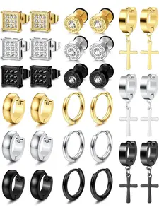 15 Pairs Mens Earrings Set, Stainless Steel Silver Color Studs, Hoops, Cross Dangles, Casual Daily Wear