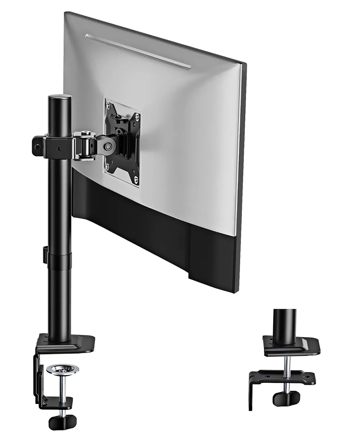 monTEK Single/Dual Monitor Stand for 17-32" Screens, 22 lbs Single-screen desk mount, height adjustment, Tilt/Swivel, rotation, clamp/grommet bases and VESA 75/100