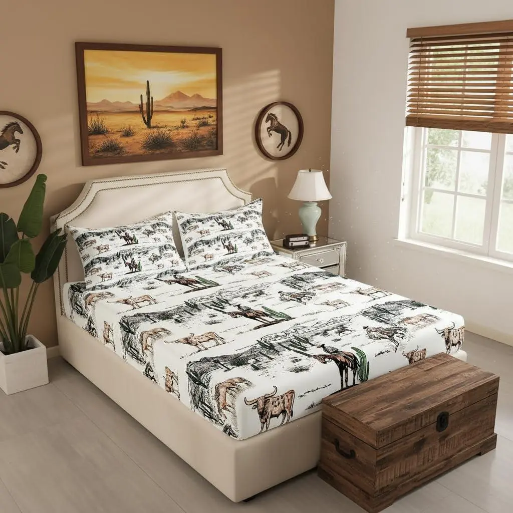 Western Cowboy Fitted Sheet,Vintage Southwest Style Bed Sheet Desert Cactus Cow Horse Animals Bedding Set for Kids Boys Girls Adult Room Decor,Grey Brown Deep Pocket Sheet