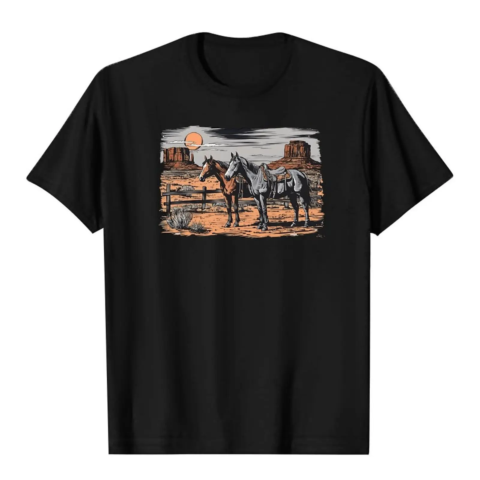 【S-5XL】[Western Horses Tee] Summer Western Horses T-Shirt - 100% Cotton, Slight Stretch Knit Fabric, Regular Fit - 180gsm