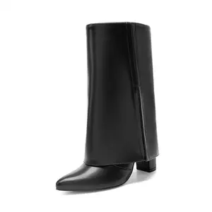 Fold-Over Denim Mid-Calf Boots