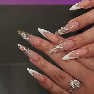 Floral French Tip Press On Nails/Long Almond Fake Nails/Acrylic Nails Press On/Handmade Gel Nails/Bridal，Birthday，Prom Nails/Gift for Her