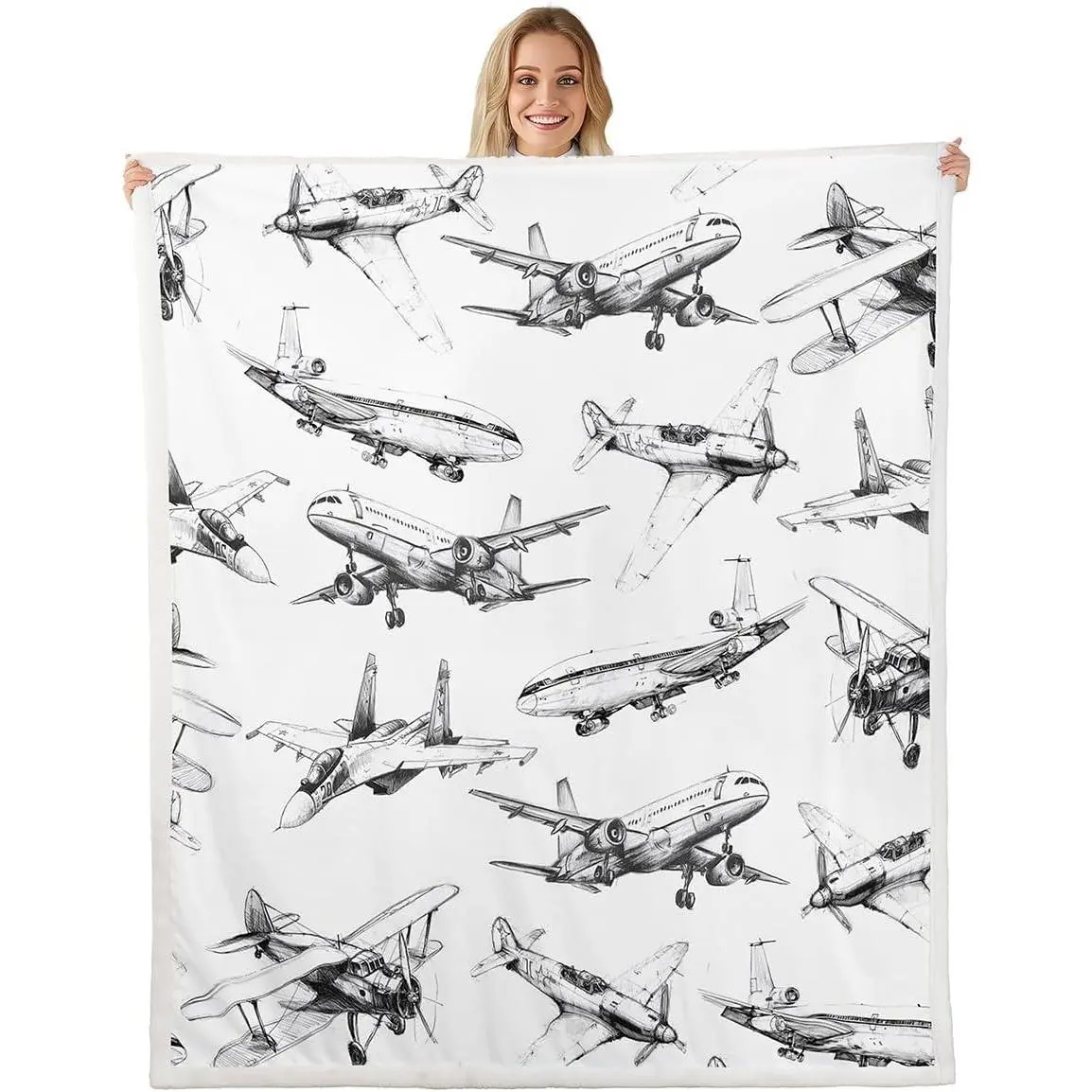 Feelyou Kids' 2 Sided Aircraft Theme Fleece Throw Blanket - Super Warm Vintage Airplane Print, Black White Fuzzy Weave, Multi-Size for Toddlers, Indoor Use, 2 Sided Blankets, Airplane Blankets