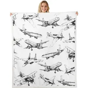Feelyou Aircraft Theme Kids Throw Blanket - Vintage Airplanes Print Fleece Weave, Black White Fuzzy Indoor/Outdoor Multi-Size for Toddlers, Adults