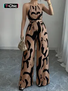 Women's Elegant Abstract Print Bodycon Jumpsuit, Sleeveless Summer, Fitted Style for Parties & Formal Events, Moderate Woven Fabric Thickness