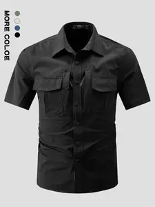 Summer New Casual Multi-Pocket Workwear Short Sleeve Shirt, Outdoor Breathable Thin Shirt, Ice Silk Elastic Quick-Dry Men, Suitable for Daily Outing
