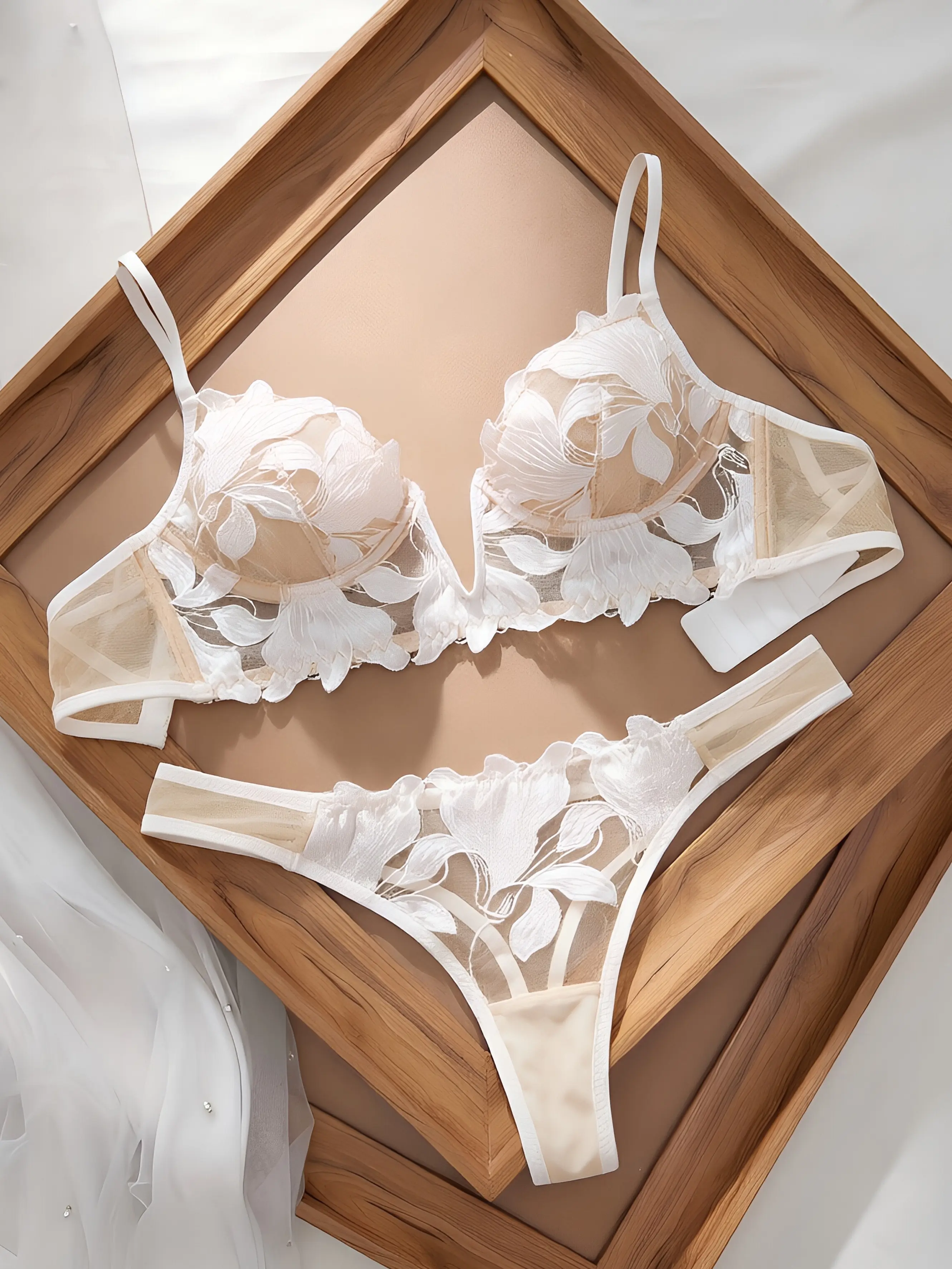 Women's French Floral Embroidery Lace Underwear Set - V-Neck Bra & Panty with Romantic Vibes, Feminine Look, Polyester-Elastane, for Wedding, Honeymoon, Valentine's Day, All Seasons