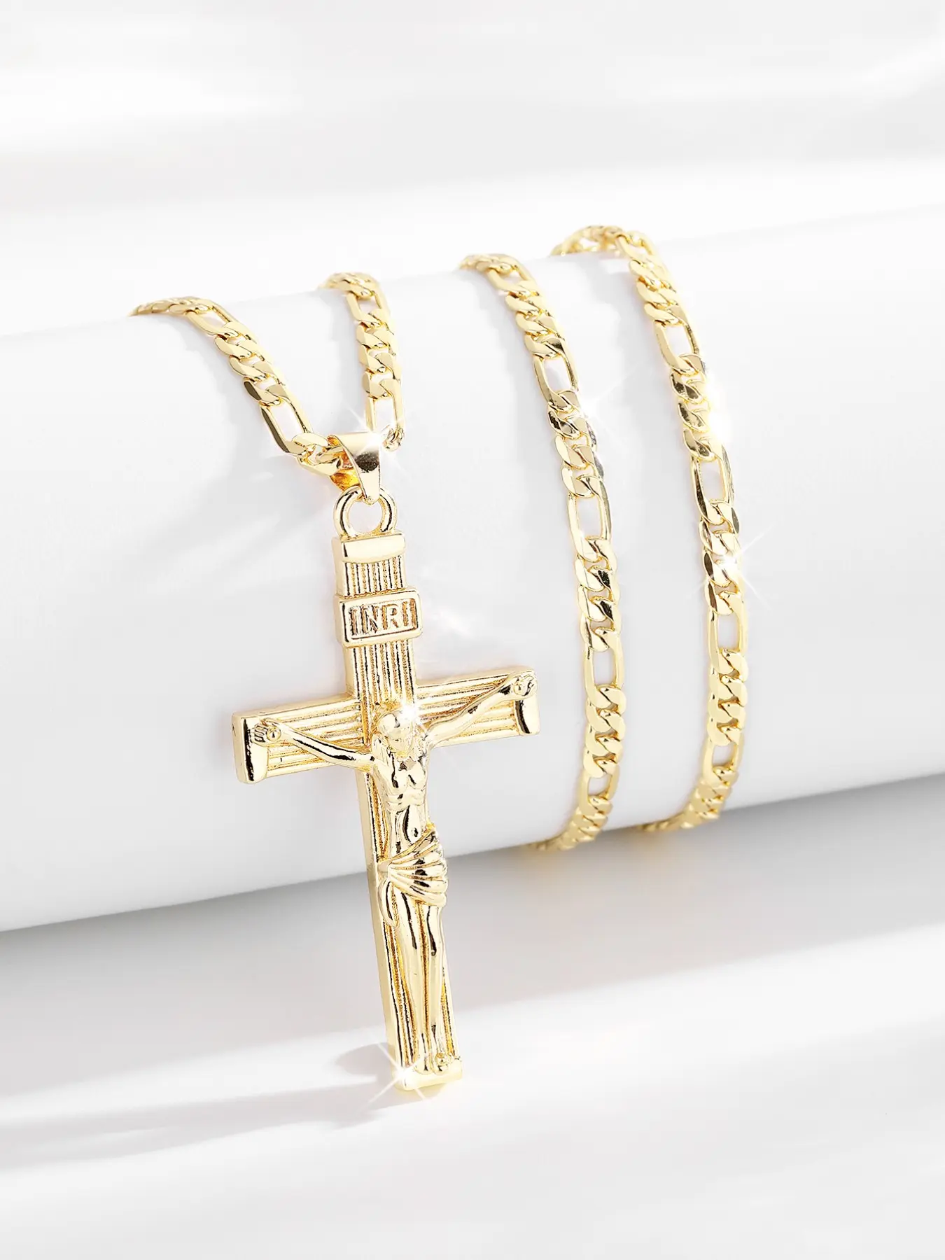 Elegant Jesus Cross Design Pendant Necklace, Unisex 14k Gold Plated, 24 Inch Flat Chain, Catholic Jewelry, Faith Necklace, Pendant Religious Necklace, Festival Blessing Gift