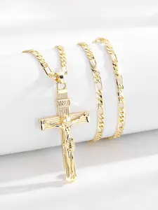 Elegant Jesus Cross Design Pendant Necklace, Unisex 14k Gold Plated, 24 Inch Flat Chain, Catholic Jewelry, Festival Blessing Gift