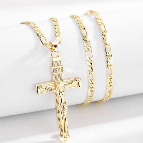 Elegant Jesus Cross Design Pendant Necklace, Unisex 14k Gold Plated, 24 Inch Flat Chain, Catholic Jewelry, Pendant Religious Necklace, Cross Necklaces, Festival Blessing Gift
