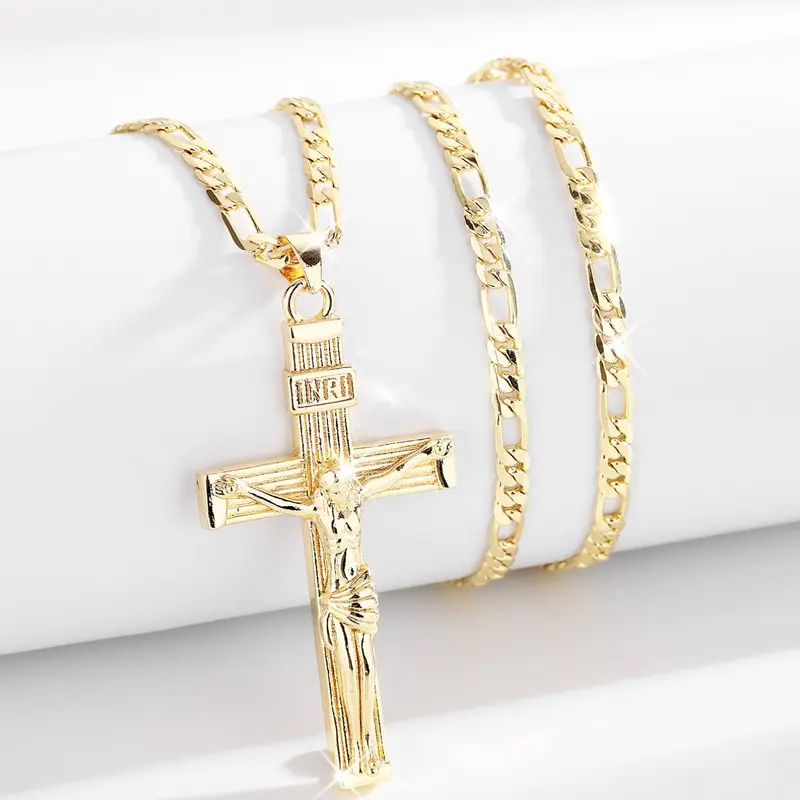 Elegant Jesus Cross Design Pendant Necklace, Unisex 14k Gold Plated, 24 Inch Flat Chain, Catholic Jewelry, Pendant Religious Necklace, Cross Necklaces, Festival Blessing Gift