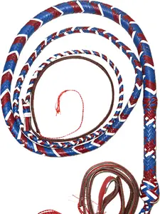 EPT Bull Whip - 16-Ply Leather Patriotic Blue Red & White Cracker 4ft to 14ft Handmade with Storage Strap & Extra Replacements