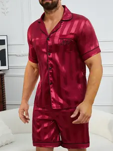Men's Striped Embroidered Jacquard Sleepwear Set, Short Sleeve Shorts Pajamas, Casual Fitted Floor Length, All Seasons
