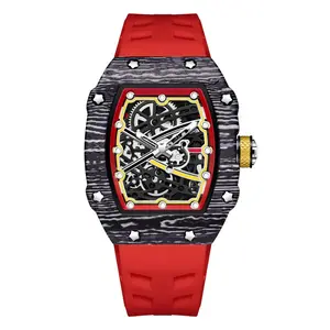 Fashion Skeleton Quartz Watch for Men, Carbon Fiber Design, Red Silicone Band, Perfect for Daily & Sports