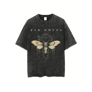 Bad Omens 2026 Tour Vintage Washed 90s Graphic T-Shirt, unisex, black band tee, featuring a moth and dripping wax design, 100% cotton, Y2K street style men's top, crew neck, casual short sleeve, unisex, classic aesthetic T-shirt, tropical style