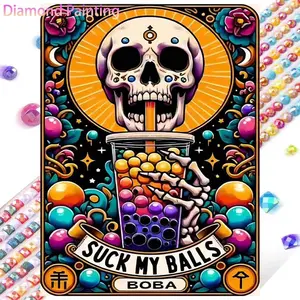 5D DIY Full Drill Round Diamond Painting - Diamond Painting DIY Kits Handicraft Skull Milk Tea Mosaic Canvas DIY Wall Art, Home Wall Decoration