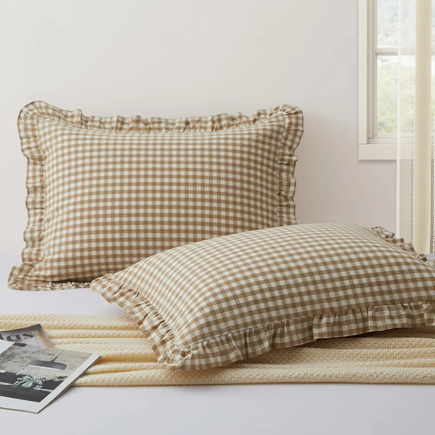 2 Pcs Plaid Ruffle Pillow Case Standard Size, Ruffled Gingham Cotton Pillowcases 20x26 Inch, Linen Feel Plaid Bed Pillow Shams with Envelope Closure for Bed Sofa (Taupe)