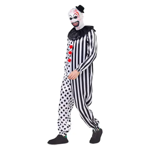 AYJKSEVEN Men's Slim-Fit Polka Dot Cartoon Character Clown Jumpsuit - Black-White Halloween Costume Ideas, 1 Hat, 3-Piece Killer Cosplay Outfit for Special Occasion Parties,sohochic