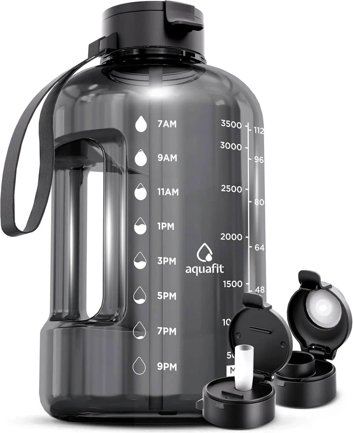 AQUAFIT Portable Reusable Plastic 1-Gal (128 oz) Drink Bottle with Time Marker, BPA-Free Gym Bottled Water Bottle, Straw Lid & Chug Lid Included, Gray