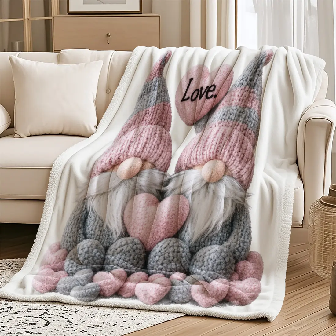 Nordic Style Couple Dwarf Heart Pattern Blanket, Soft Knitted Fabric Multi-Size Warm Blanket, Home Decor, Comfortable Fashion Design