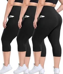 3 Pack Plus Size Capri Leggings with Pockets for Women High Waisted Tummy Control Spandex Soft Black Workout Yoga Pants
