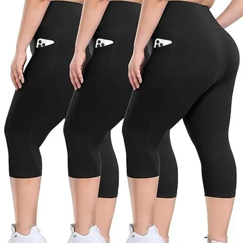 Women's Plus Size High-Waisted Capri Leggings 3-Pack - Buttery Soft Polyester, Tummy Control, Multi-Pockets, 4-Way Stretch, Fitted Basics, Gym Sportswear Bottoms, Fitness Pants, Gym Exercise Activewear