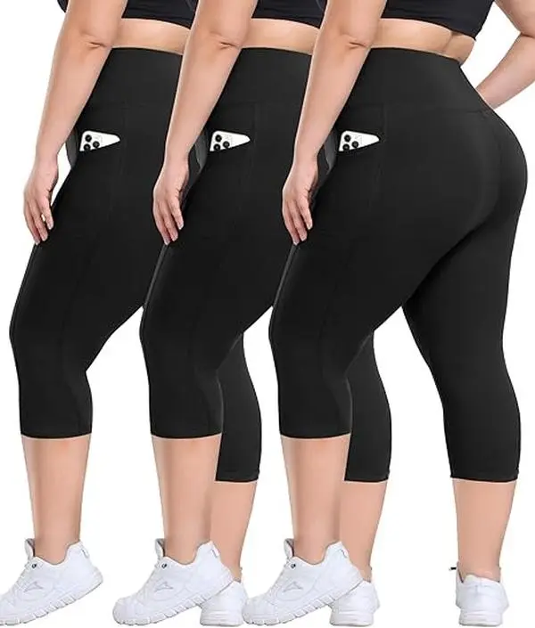 Women's Plus Size High-Rise Capri Leggings 3-Pack - Buttery Soft, Tummy Control, Pockets, High Stretch Curvy Clothing, Female Affordable Fashion Gymwear Activewear, High Stretch Leggings