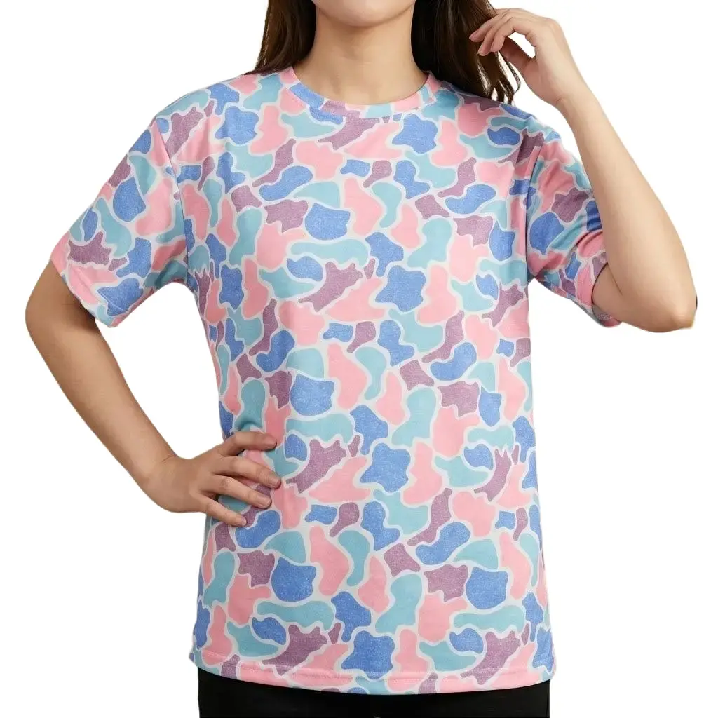PHEFEE Women's Casual Short Sleeve Cotton Spandex Polyester Fabric T-Shirt, Pastel Multicolor Camouflage Print, Breathable Everyday Top (S-XXL) - Ideal for Daily Wear & Vacation, Shortsleeve