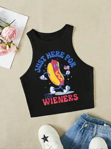 Women's Hot Dog & Letter Print Round Neck Stretch Tank Top, Casual Sleeveless Short Crop Top for Daily Wear, Ladies Clothes for All Seasons, Socks