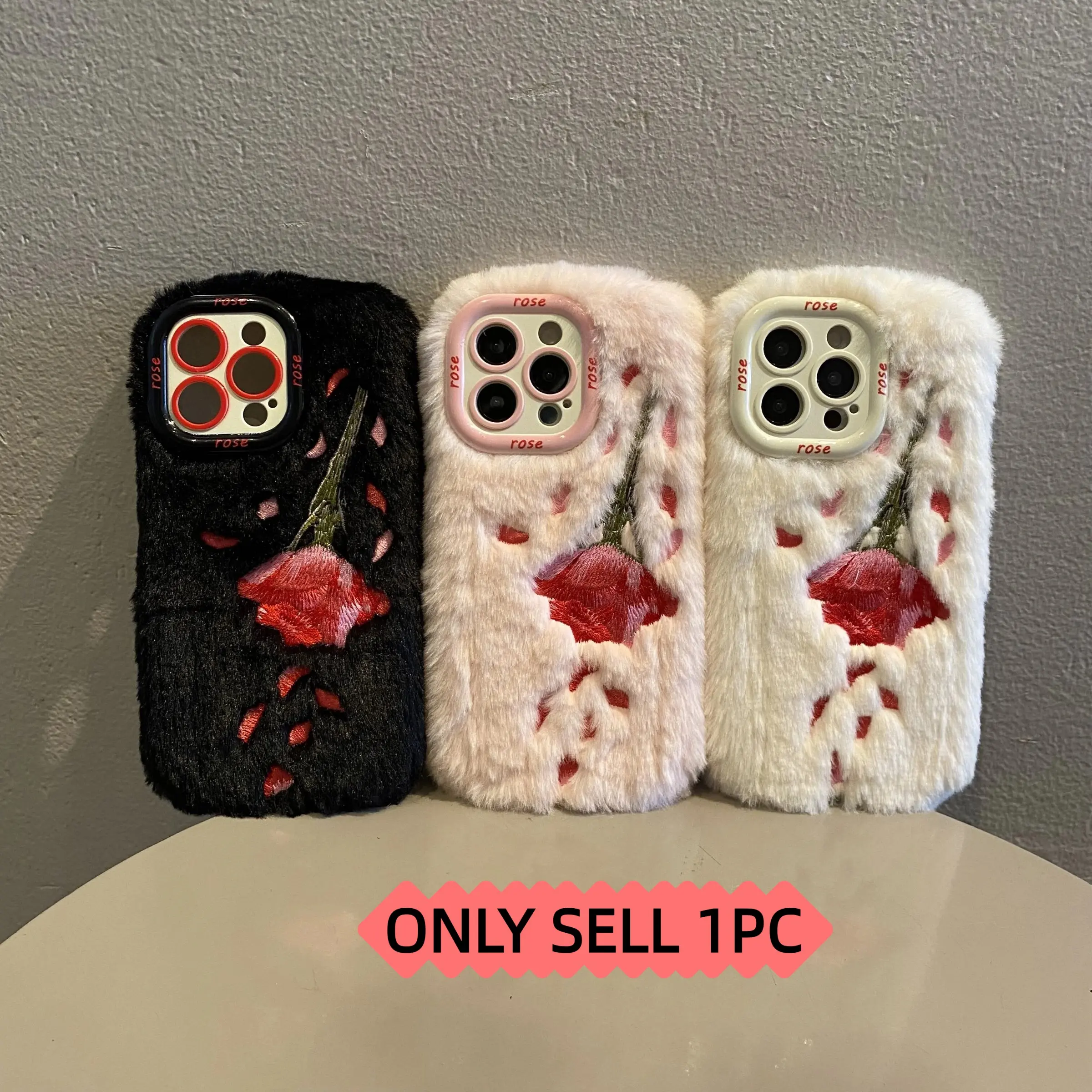 Fluffy Embroidered Rose Phone Case for Apple iPhone 16/17 Pro Max, Anti-Drop Stand Feature, Full Coverage Design, Winter Warmth Protection