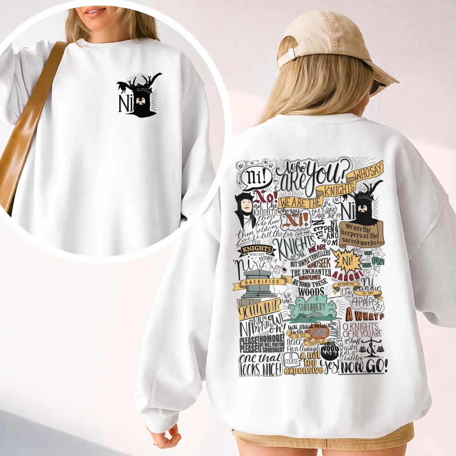[2 Sides] Ni! & Shrubbery Knights Who Say Ni Shirt, Monty Python and the Holy Grail Meme Tee, Funny 1975 Weirdcore Y2K Aesthetic Gift Unisex Sweatshirt Hoodie