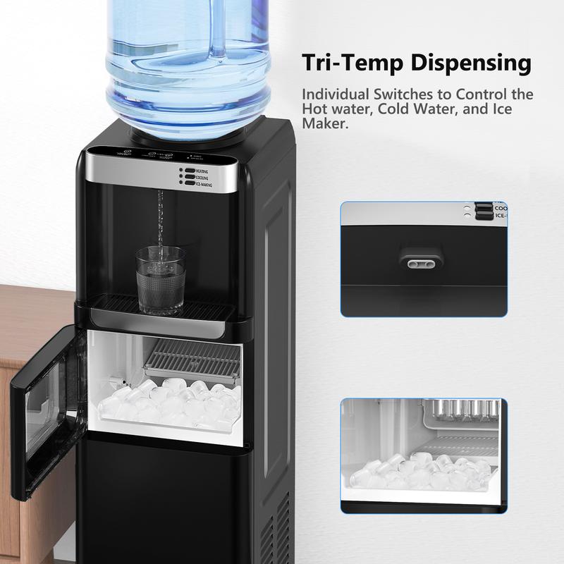 COWSAR Water Dispenser with Ice Maker Function, Top Loading Hot and Cold Water Cooler for 5 Gallon Bottle - Includes Child Safety Lock - Water Machine for Home, Office, Garage - Black