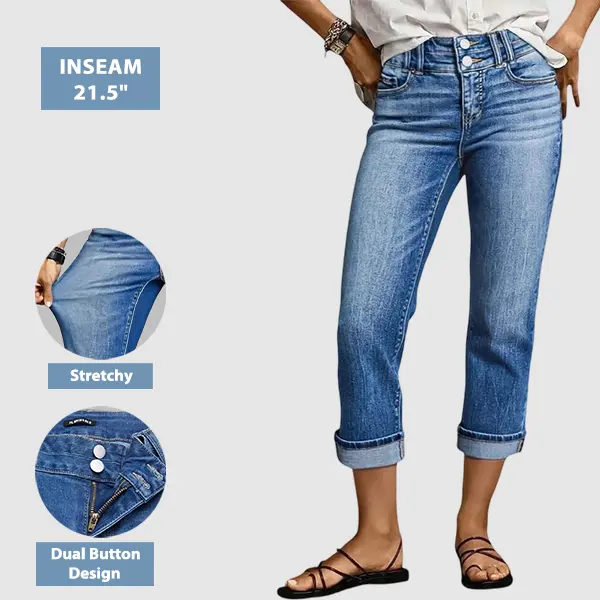 Flamingals Roll Hem Dual Button Mid Waist Straight Leg Crop Jeans Womenswear Stretchy 21.5" Inseam Flamingals Roll Hem Dual Button Mid Waist Straight Leg Crop Jeans Womenswear Stretchy 21.5" Inseam