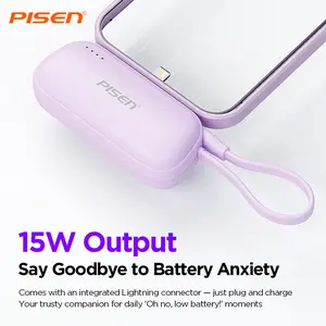 PISEN Tiny 15W Mini 4500mAh CCC certification Power Bank with Integrated USB-C Cable Charges Both Ways Doubles as Lanyard Lightweight Compact Portable Charger