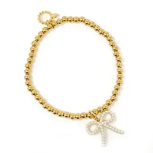 Water Resistant Hematite Bracelet with Petite Pearl Bow Charm Cute Classy Girly