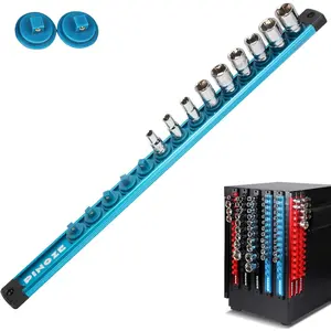 1/4" Magnetic Socket Holder Organizer - Aluminum Alloy Socket Rail Tray for Tool Box Drawer, Socket Rack with Extra 2Pcs Replacement Clips for Automotive Garage(Blue)