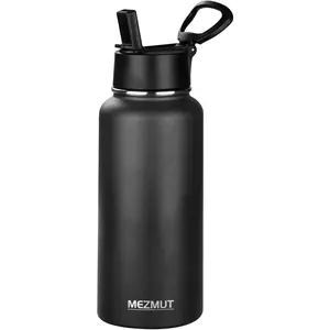MEZMUT Insulated Water Bottle with Straw 32 oz Metal Water Bottle Leakproof Travel Stainless Steel Water Bottles Reusable Double Wall Gym Sports Cup Flask for Camping Hiking, Black